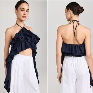 opt Cielo Top - Ruffle Crop Top w Rosette - Navy - Size M